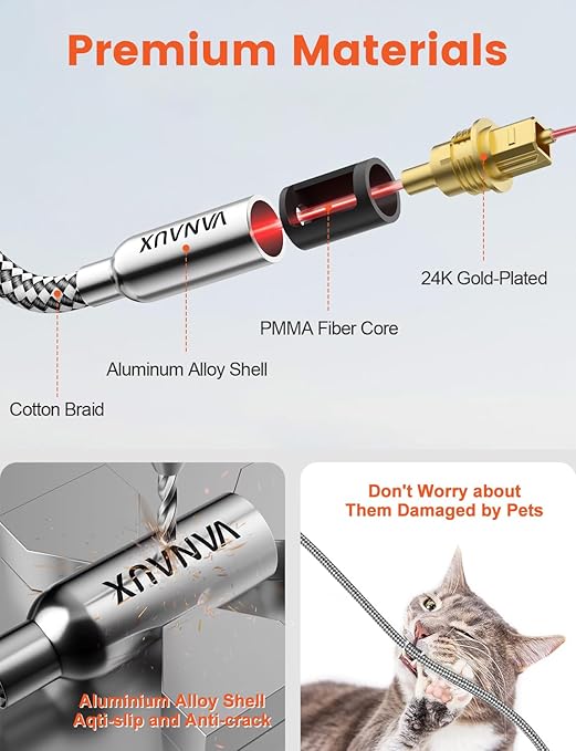 VANAUX 33FT Digital Optical Audio Cable (24K Gold Plated Connectors, Aluminum Alloy Shell, Braided Jacket) S/PDIF Toslink Cable for Home Theater, Soundbars, Gaming Consoles