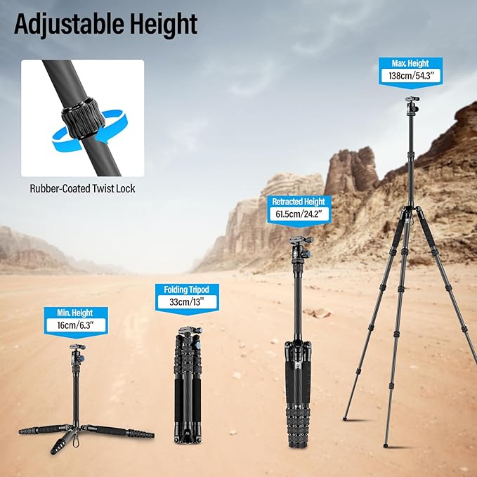 Sirui Compact Traveler 5C Tripod 54.3 inches Lightweight Carbon Fiber Travel Tripod for Camera with 360° Panorama Ball Head for Arca Swiss Quick Release Plate, Max Load 8.8lbs