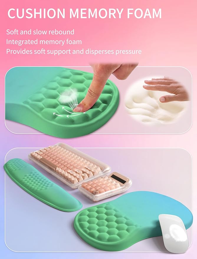 Hokafenle 2in1 Combination, Wave Keyboard Wrist Rest and Ergonomic Curvature Mouse Pad Wrist Support for Relieve Wrist Pain, Filled with Soft Cushion Memory Foam, Gradient Green