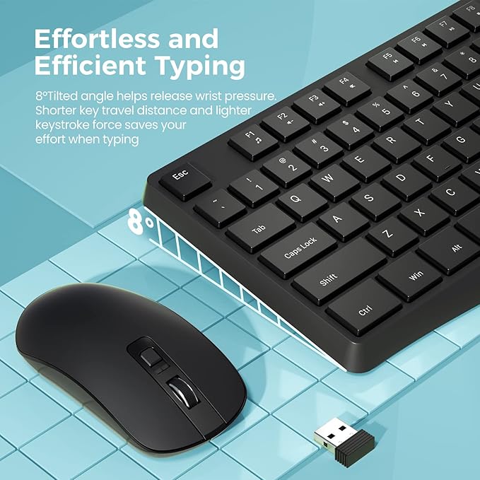 Wireless Keyboard and Mouse Combo, Lovaky 2.4G Full-Sized Ergonomic Keyboard, 3 DPI Adjustable Cordless USB Mouse, Quiet Click for Computer/Laptop/Windows/Mac (2 Pack, Black)