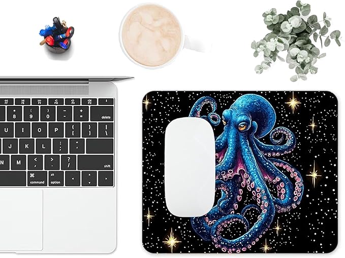 Mouse Pad, Cute Cool Blue Octopus Mouse Pads for Desk, 9.5" x 7.9" Non-Slip Rubber Base Computer Mousepad with Women, Portable Square Design for Wireless Mouse and Pad Laptop Office & Travel