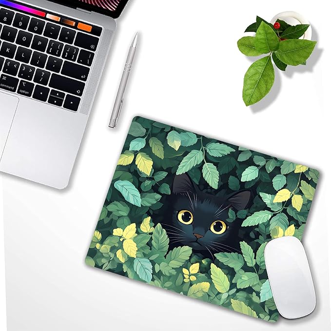 Green Flowers Black Cat Custom Mouse Pad with Non-Slip Rubber, Small Square Design for Wireless Laptop & Computer Mouse Pads for Desk, 9.5 x 7.9 inch Smooth Surface for Gaming & Office
