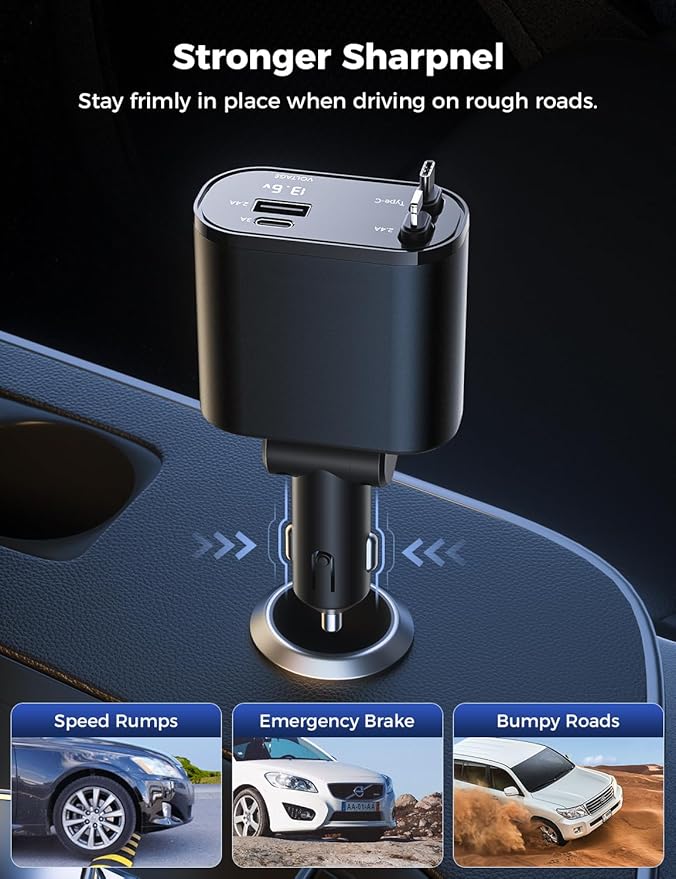SUPERONE Retractable Car Charger for iPhone with Dual Type C Cables, 4 in 1 USB C Car Charger Adapter with PD 60W Fast Charging Compatible with iPhone 16 15 14 13 12 11 Pro/XS/XR/SE/iPad/Airpods