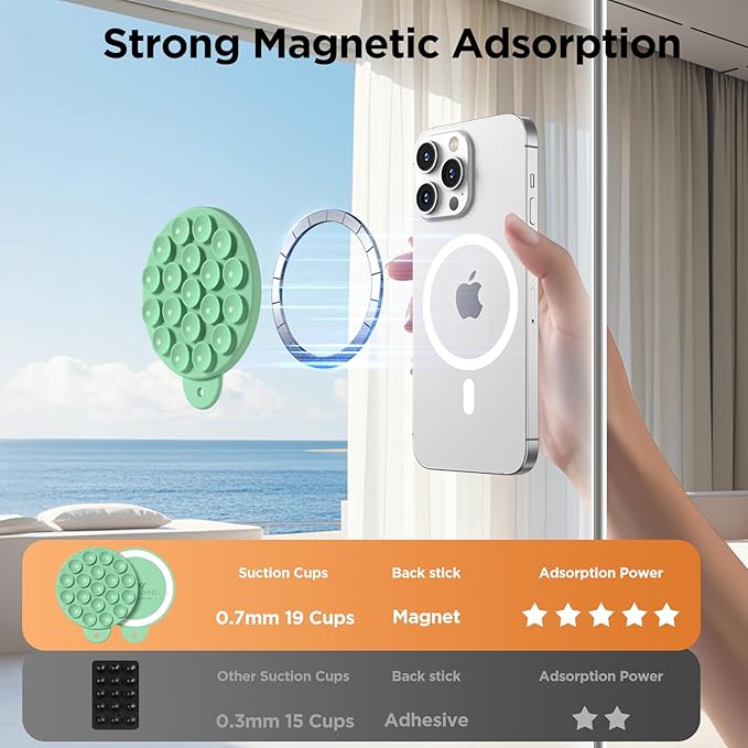 Magnetic Suction Cup Phone Mount for MagSafe Case, Silicone Hands-Free Grip Holder for iPhone and Android, Mirror Shower Phone Stand for Makeup FaceTime Gym Kitchen Bathroom, Spearmint Green
