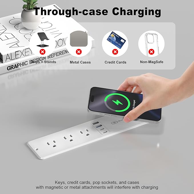 8 in 1 Recessed Power Strip with 15W Wireless Charger, 20W Fast Charging Furniture Outlet, Plug in 3 AC Outlets & 4 USB Ports Flush Mount, 10FT Cord
