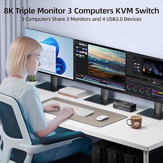 HDMI+2Displayport KVM Switch 3 Monitors 3 Computers 8K@60Hz 4K@144Hz,Triple Monitor KVM Switches with 4 USB3.0 Port for USB Devices,Wired Remote,Power Adapter and USB Cables Included.