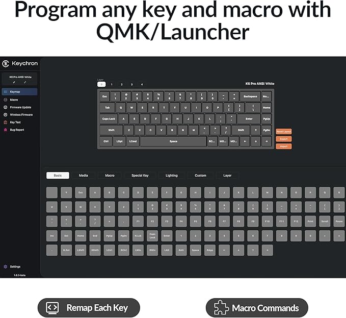 Keychron K6 Pro Wireless Custom Mechanical Keyboard, QMK/Launcher Programmable Macro, Hot-Swappable Keychron K Pro Red Switch Keyboard, 65% Layout White Backlit Office Keyboard for Mac Windows Linux