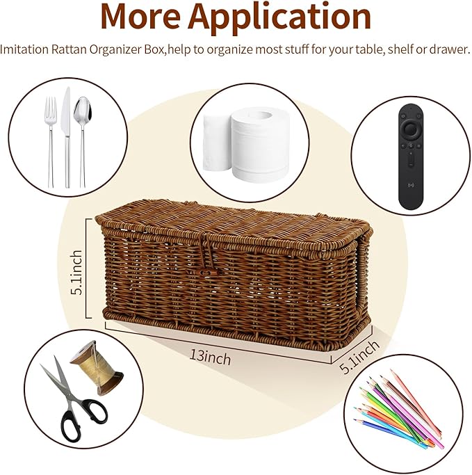 Cable Management Box, Desk Handwoven Rattan Cord Hider Organizer Box With Lid Button Lock, Power Strip Holder Decorative Box, Floor Cord Surge Protector Storage Box