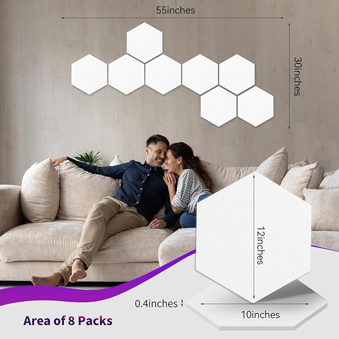 Mollywell Hexagon Acoustic Panels, High Density, Soundproofing, Decorative Noise Reduction Felt Wall Tiles for Ceilings, Home Office & Gaming Room (White), 12x10x0.4 Inch
