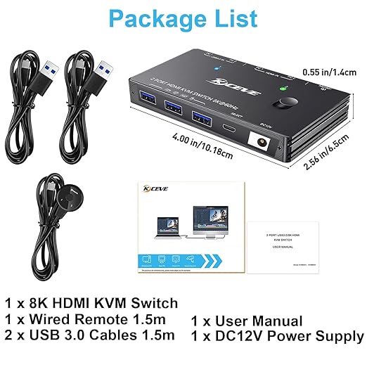 HDMI2.1 KVM Switch 2 Computer 1 Monitor 8K@60Hz, KVM Switch HDMI 2 Port with 3 USB3.0, Wired Remote, Power Adapter and USB Cables