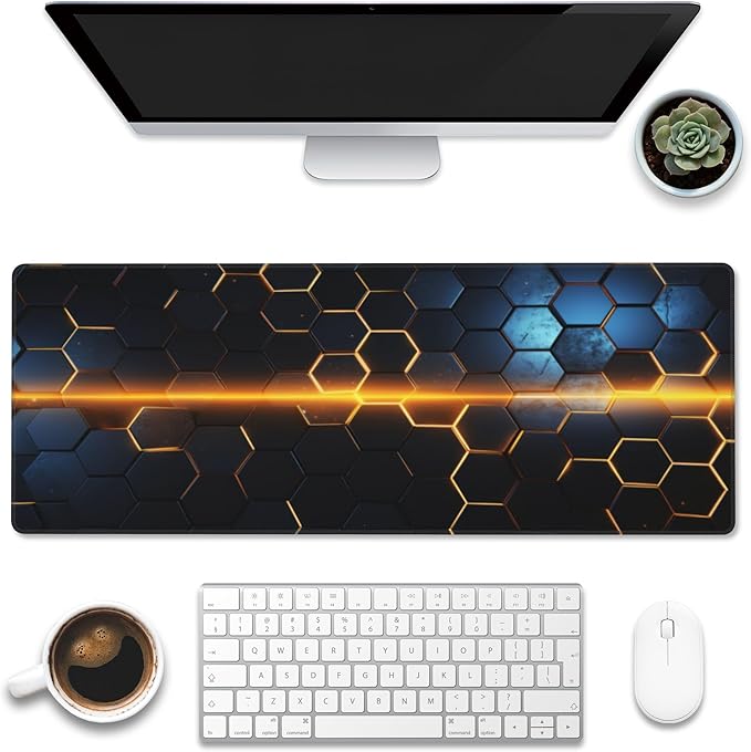 Large Gaming Mouse Pad for Desk,Golden Lines Honeycomb Technology Desk Mat,Honeycomb Technology Desk Pad,Extended Computer Keyboard Mouse Pad with Non-Slip Base and Stitched Edge,31.5"x11.8"