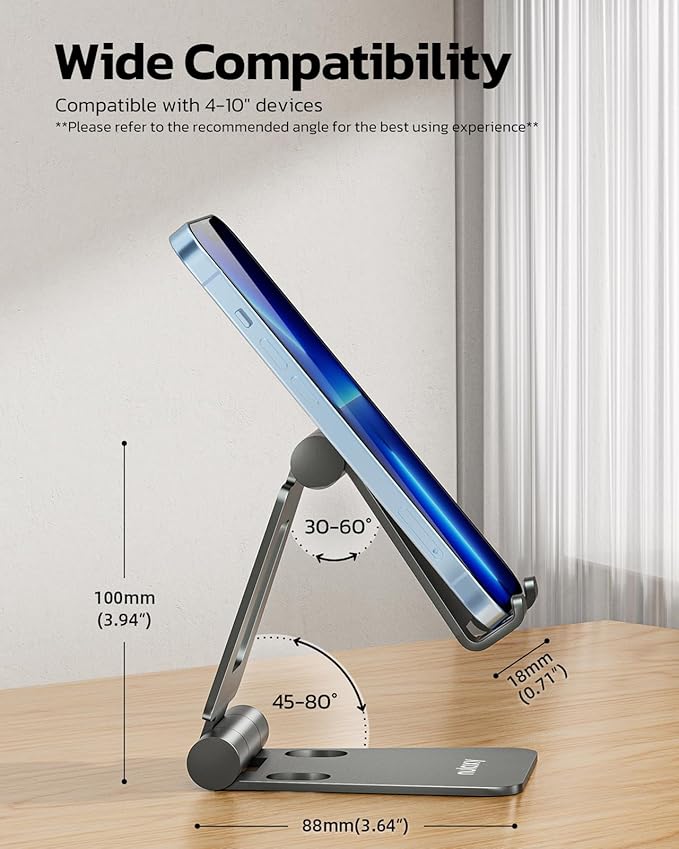 Nulaxy Dual Folding Cell Phone Stand, Fully Adjustable Foldable Desktop Phone Holder Cradle Dock Compatible with iPhone 17 16 15 14 13 12 11 Pro Max Xs Xr X 8, Nintendo Switch, All Phones - Gray