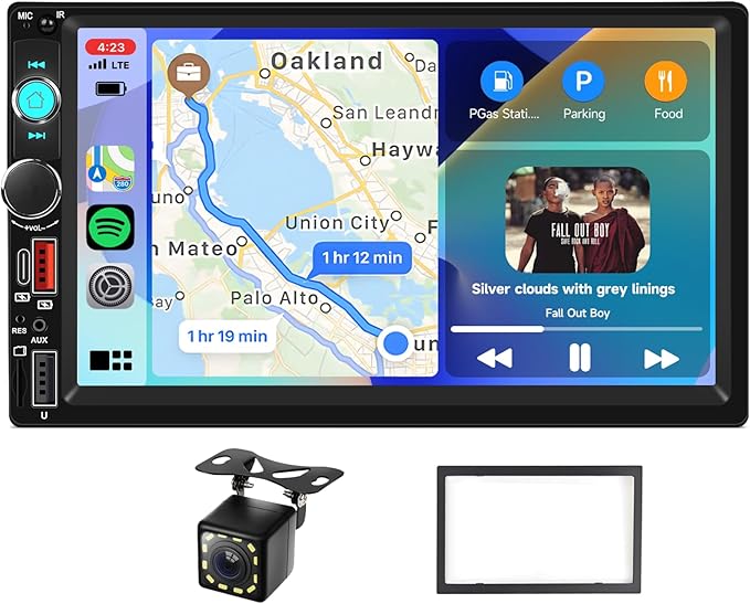 2 DIN Car Stereo Wireless Carplay&Android Auto, USB-C Head Unit 7” Touch Screen Car Radio Volume Knob Bluetooth EQ FM Mirror Link Double USB-A TF +Rearview Camera