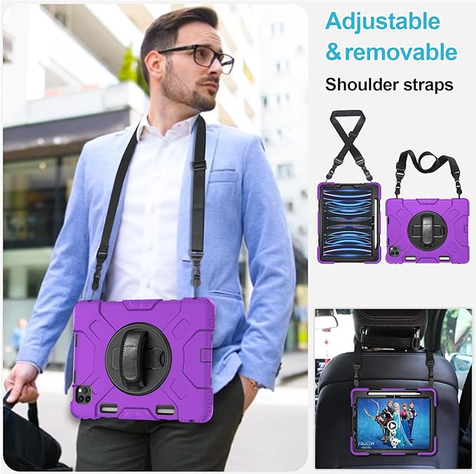 Case for iPad Pro 11 Inch 2022/2021/ 2020/2018: Silicone Cover for iPad 11 Inch 4th/ 3rd/ 2nd/ 1st/ Generation with Screen Protector- Stand- Handle- Shoulder Strap- Pencil Holder- Purple