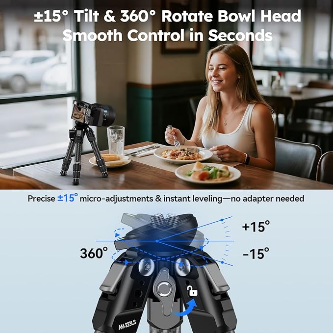 SIRUI Carbon Fiber Mini Tripod with Bowl Base, 33lbs Max Load, Ultra-Lightweight 1.63lbs, 8.82in Folded, 360° Panorama & ±15° Tilt for Camera/Phone/Vlogging（AM-223LS）