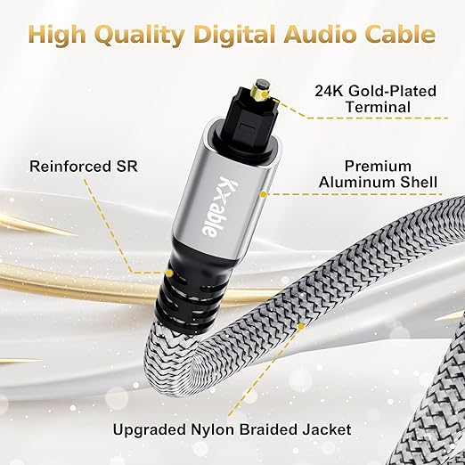 Optical Audio Cable 10 FT, Digital Audio Cable, Toslink Fiber Optic Cord, [Nylon Braided, Slim Aluminum Shell, Gold Plated Connector], for Home Theater, Sound Bar, PS4, Xbox, TV and More
