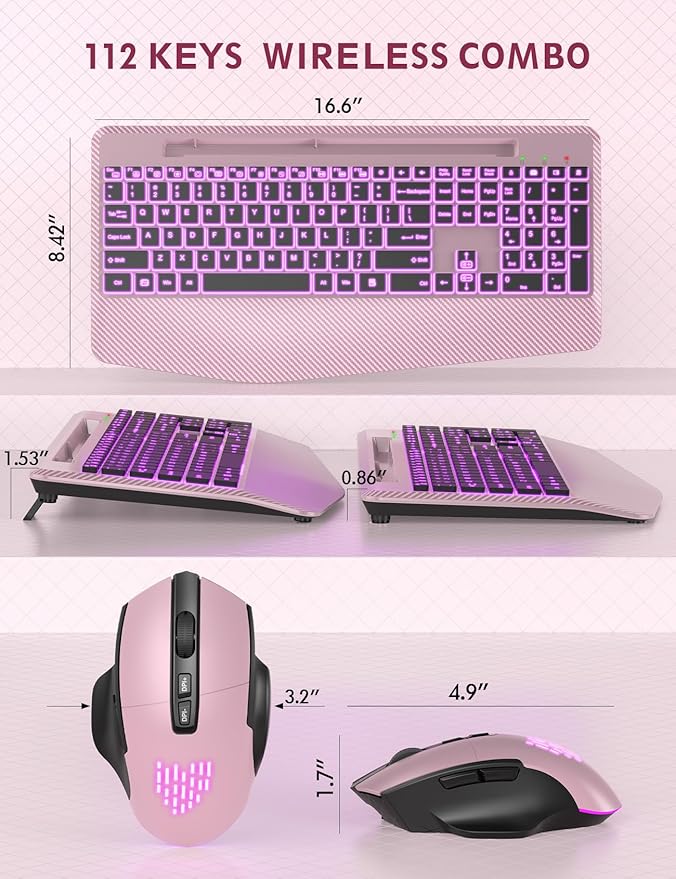 Wireless Keyboard and Mouse Backlits, Wrist Rest, LED Mouse, Rechargeable Ergonomic Keyboard with Phone Holder, Silent Light Up Combo for Computer, Mac, PC, Laptop, Chromebook (Rose Gold)