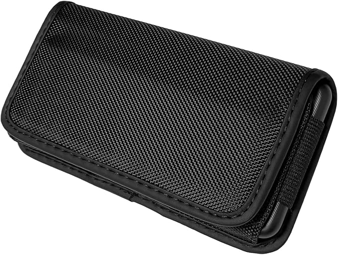Nylon Cell Phone Holster for Google Pixel 5, Alcatel Insight, Tetra, Verso, Samsung Galaxy S10e, J3, LG Aristo 3/2 - Horizontal Case Canvas Waist Carrying Pouch with Belt Clip/Loops, Black