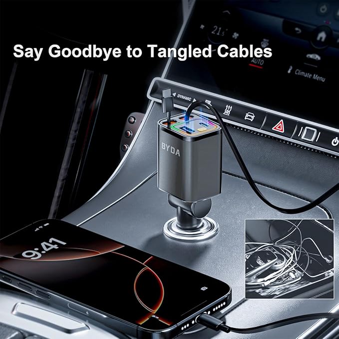 Retractable Car Charger, 4 in 1 Fast Charging USB-C & USB-A Compatible with iPhone 16/15/14/13/12/11 Pro Max, 69W Fast Car-Charger Cigarette Lighter Adapter for Galaxy, Pixel (Light-ning+USB-C) Grey