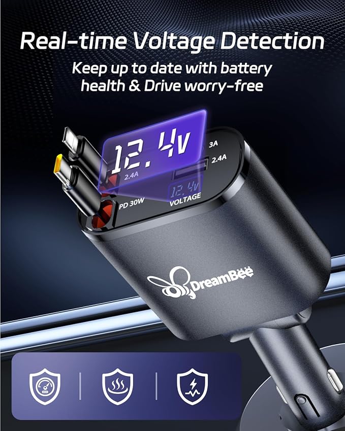 DreamBee Retractable Car Charger,66W 4 in 1 Super Fast Charge Car Phone Charger,Gifts for Men Women Car Truck Accessories for iPhone 15/14/13/12 Pro Max XR,iPad,Samsung,Pixel