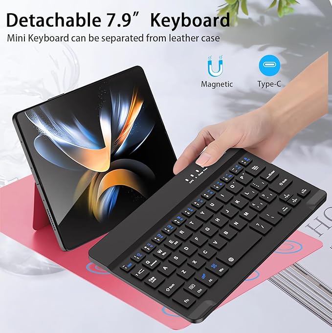 for Samsung Galaxy Z Fold 7 6 5 Keyboard and Mouse, Portable Mini Bluetooth Keyboard with Leather Case and Capacitive Pen, 4 in 1 Set for Z Fold 7 Accessories