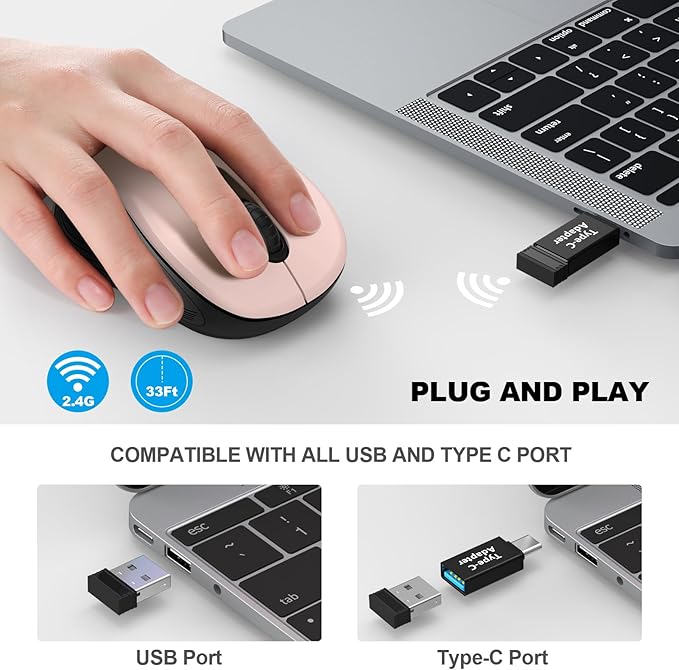 WisFox 2.4G Wireless Mouse for Laptop, Ergonomic Computer Mouse with USB Receiver and Type-C Adapter, 3 Adjustable Levels DPI, 6 Button Cordless Wireless Mice (Pink)