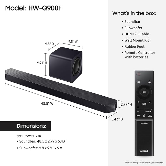 Samsung Q-Series Soundbar HW-Q900F 7.1.2 ch Subwoofer (2025 Model) Smart Integration, Wireless Dolby Atmos, Q-Symphony