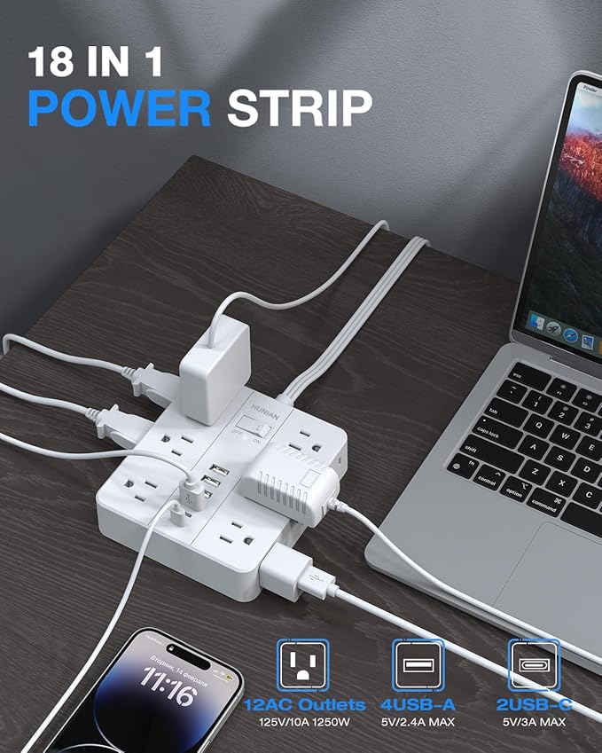 Flat Plug Surge Protector Power Strip, HUNIAN 12 Widely Spaced Outlets with 6 USB Charger (2 USB C Ports), 10 Ft Extension Cord Desk Charging Station for Home Office Supplies, Dorm Room, White
