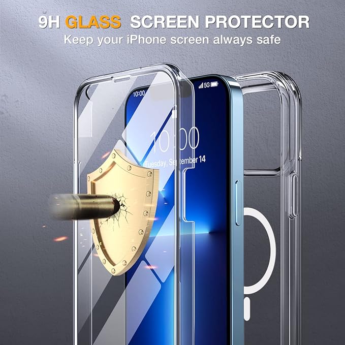 Miracase Magnetic for iPhone 13 Pro Max Case 6.7 inch, (Compatible with MagSafe) Upgrade Full-Body Clear Phone Bumper Case with Built-in 9H Tempered Glass Screen Protector, Magnetic Clear