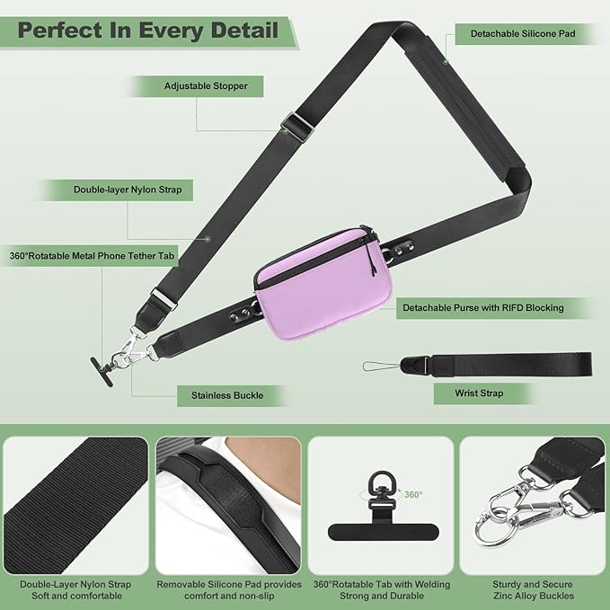 Clip and Go Strap for Phone with Wallet Crossbody, Adjustable Phone Lanyard with Detachable RFID Wristlet Wallet & Ultra-Thin 360° Rotatable Metal Tabs for All Smartphones (Purple)