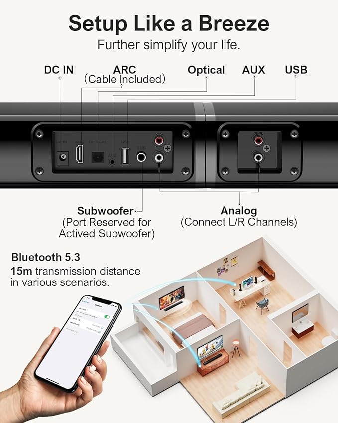 ULTIMEA 2.2ch Sound Bar for Smart TV, Peak Power 100W, 2-in-1 Detachable Sound Bar for TV, App, Bluetooth 5.3 TV Soundbar, 3 EQ Modes, BassMX Technology, HDMI-ARC/Opt/AUX, Apollo S40, 2025 Upgraded