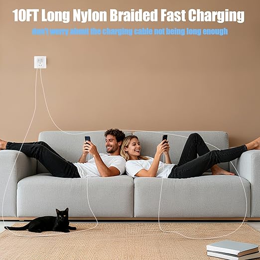 Dual Port USB A/C Charger for iPhone 16 Pro 10FT Woven USB C Fast Cable,2Pack Double Type A/C Charger Block Type C Nylon Braided Cable Cord for iPhone 16 Pro Max/16 Pro/16e,15 ProMax/15 Plus,iPad Pro