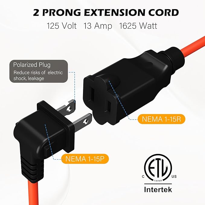 90 Degree 2 Prong Polarized Outdoor Power Extension Cord 35 FT, Angled Low-Profile Plug, 16 Gauge 125V SJTW Waterproof Long Cable for Home Office Lawnmower Garden Tools Lights, ETL+Ties-Bright Orange