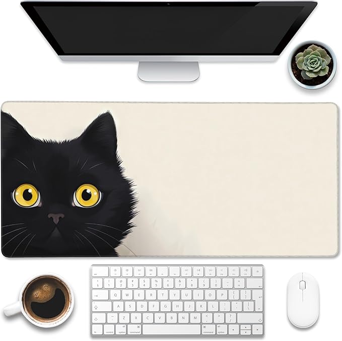 Desk Pad,Black Cat Desk Mat,Cute Cat Large Gaming Mouse Pad for Desk,Extended Big Computer Keyboard Mouse Pad with Non-Slip Base and Stitched Edge,35.4"x15.7"