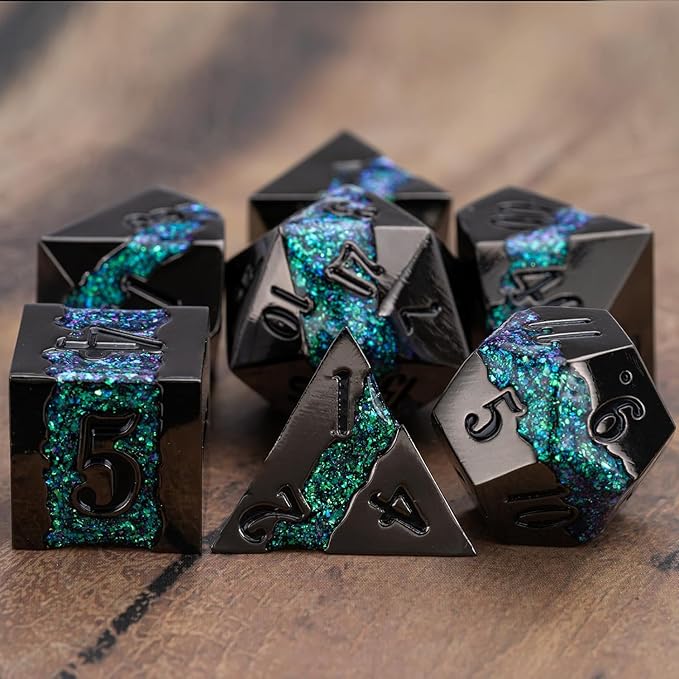 Metal RPG Dice Set,DND Polyhedral Dice Set 7pcs,Metallic Glitter Large Stripe Dice Set for Dungeons and Dragons Role Playing Games(Black Nickel Dark Green)