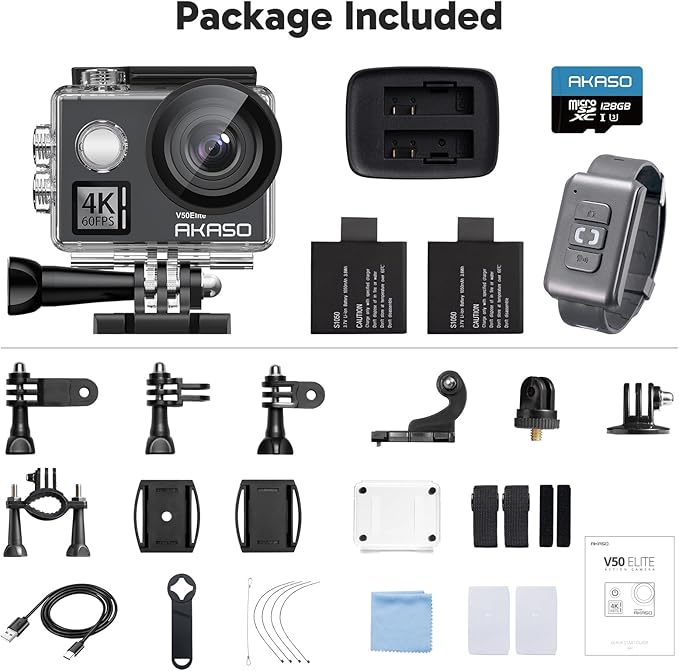 AKASO V50 Elite 4K60fps Action Camera with 128GB MicroSDXC U3 Memory Card Accessories Kit Bundle Voice Control EIS 131 feet Waterproof Camera 8X Zoom Remote Control