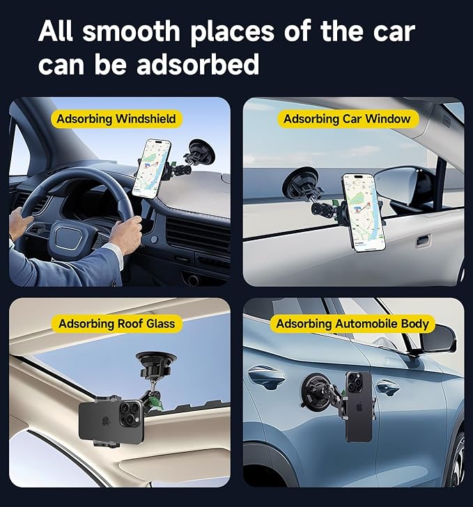MAGIC JOHN Car Phone Holder, Ultra-Durable Mteal Phone Holders for Your Car, 360° Rotation Cell Phone Car Mount for Windshield, Suction Cup Car Phone Mount for iPhone Samsung All Smartphone