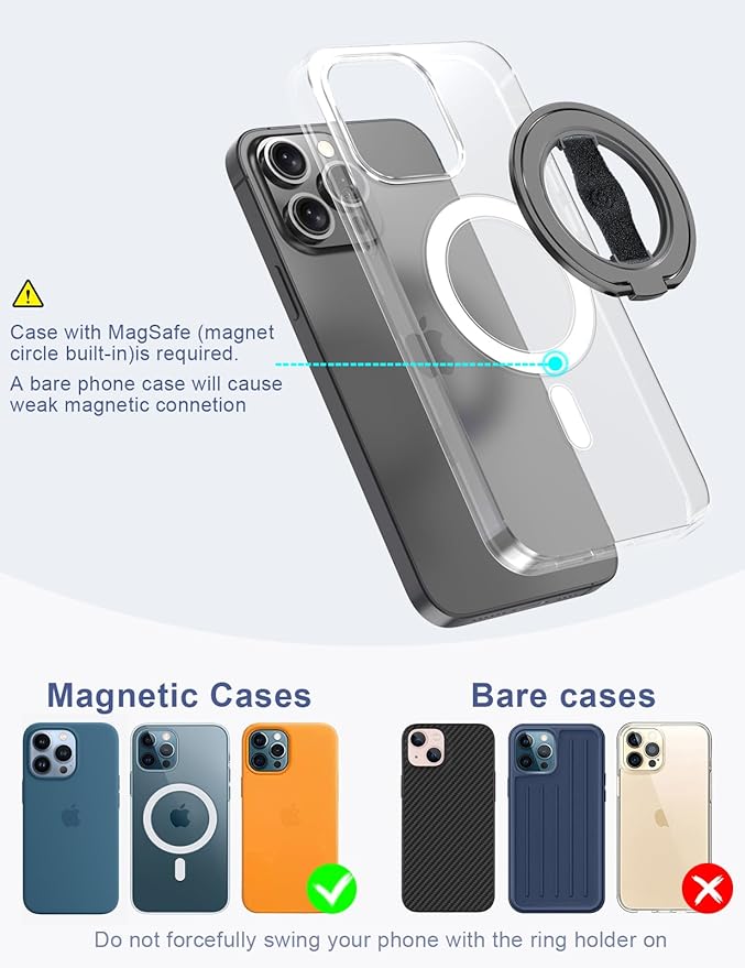 EWA MagOne 3rd Gen [Compatible with MagSafe] Phone Grip Stand with Finger Strap, Removable Magnetic Ring Holder Kickstand Loop for iPhone 16,15, 14, 13, 12 Series-(Black)