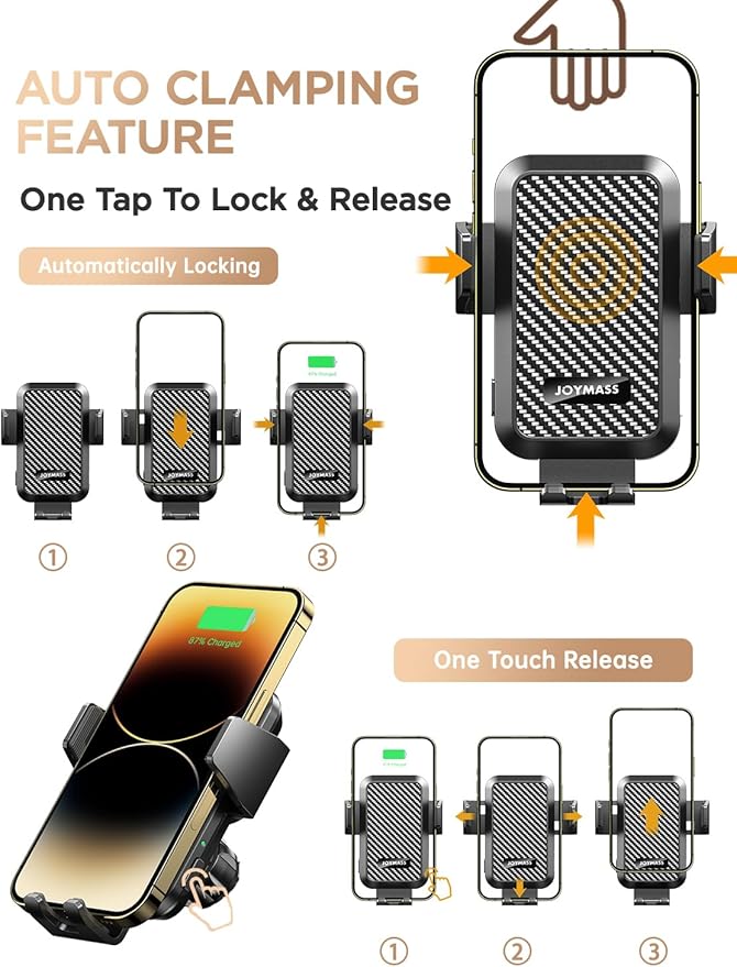 Wireless Car Charger, Phone Holders for Your Car, 15W Auto Clamping Phone Mount Car Accessories for iPhone 16 15 14 13 12 Mini Pro Max 11 XR XS, Samsung Galaxy S24 Ultra S23 S22+ Note 20, etc