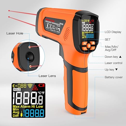 -40℉~3632℉, MESTEK Infrared Thermometer Temperature Gun, High Temp Thermometer with Thermocouple Probe, Non-Contact 50:1 Pyrometer Dual Laser Thermometer Gun for Engine, Kiln, Forging, Industrial