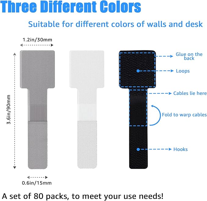 80PCS Hook and Loop Cable Ties, Hook and Loop Cable Straps, Under Desk Cable Management, Adhesive Cable Clips, Sticky-Back Cord Organizer for Desk, Household & Office Organization (Black)