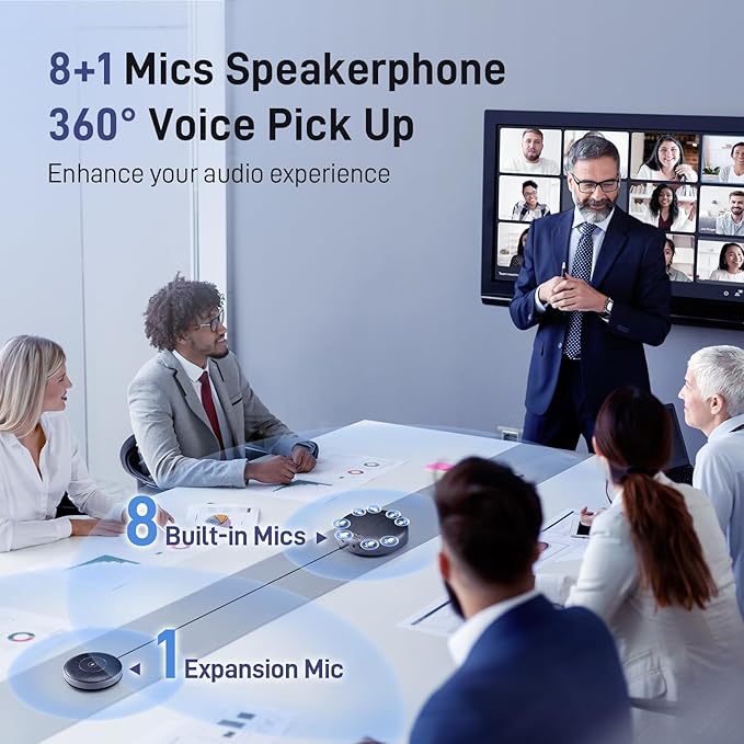 EMEET Conference Speaker and Microphone w/8+1 Mics, 360° Voice Pickup, Noise Reduce, Bluetooth/USB/Dongle Speakerphone for 14 People w/Daisy Chain for 25, Compatible w/Leading Platforms, 2025 Version
