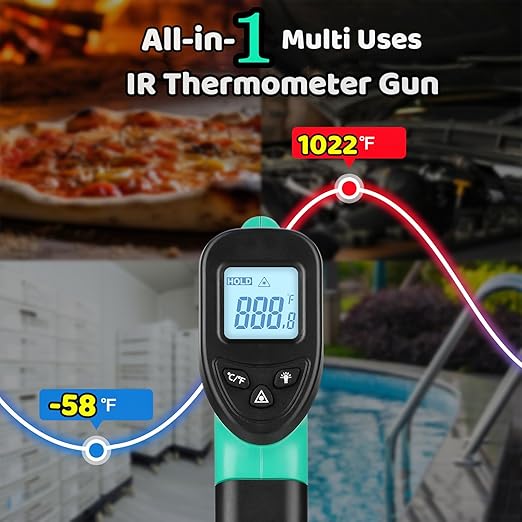 OnniOne Infrared Thermometer Gun for Cooking, -58℉~1022℉, Digital Laser Temperature Gun for Blackstone Pizza Oven Reptiles, IR Thermometer with Carrying Storage Case, Larger Font, LCD Backlit, Green
