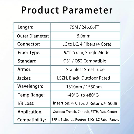75M/246FT Outdoor Armored LC to LC Fiber Optic Cable, 4 Core OS2 Single Mode 9/125μm, Industrial TPU Jacket, OD 5mm, 4 Strands, SMF, Direct Burial, Heavy-Duty LC-LC Patch Cord for Harsh Environments