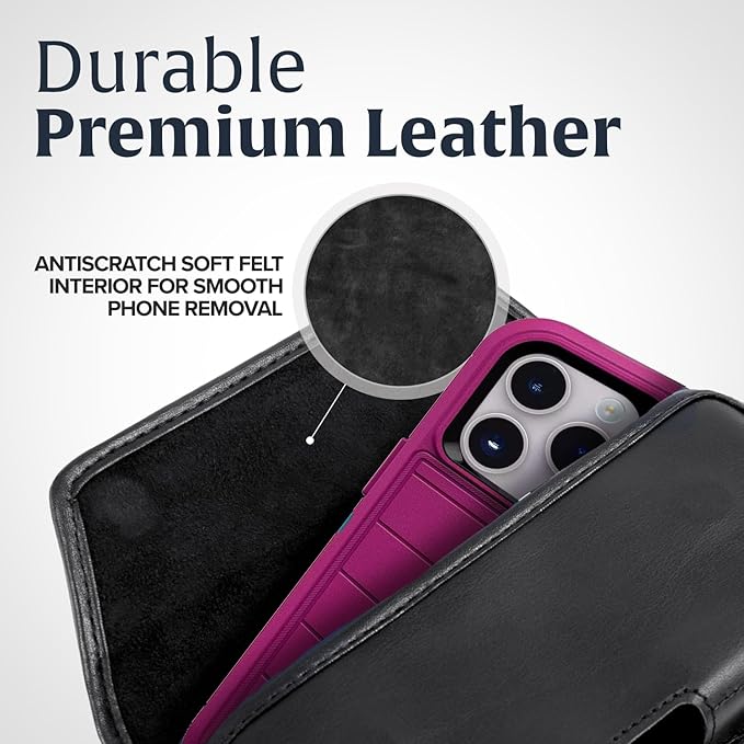 Turtleback Belt Clip for iPhone 16 Pro, 16e, 15 pro 14 Pro 13 Pro -Large- Fits w/Defender Bulky Style Cases, Premium Black Leather, Horizontal Belt Holder, Magnetic Closure HD Rotating Belt Clip