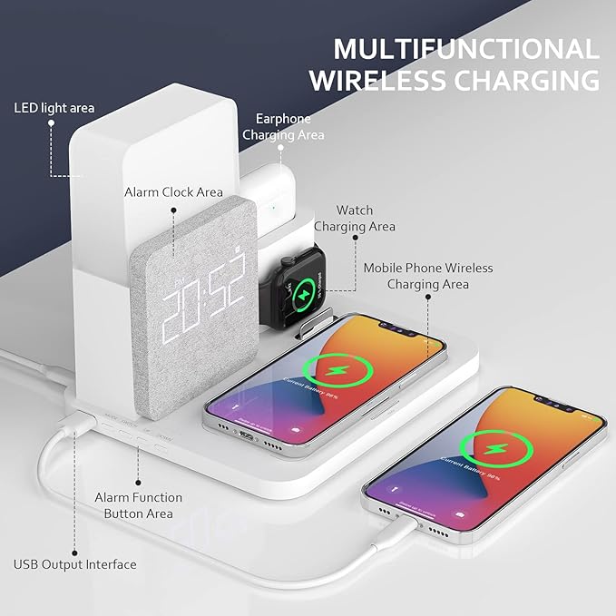 [2025 UV-Coating] COLSUR Wireless Charging Station, 3 in 1 Charging Station, Alarm Clock with Wireless Charger, iPhone 12/13/14/15/16 Pro/13 Mini/13 Pro Max/12 pro, AirPods