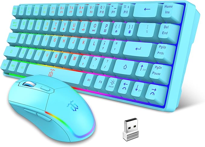 Snpurdiri 60% Wireless Gaming Keyboard and Mouse Combo,LED Backlit Rechargeable 2000mAh Battery,Small Membrane But Mechanical Feel Keyboard + Popular RGB Mice for Gaming,Business Office(Blue)
