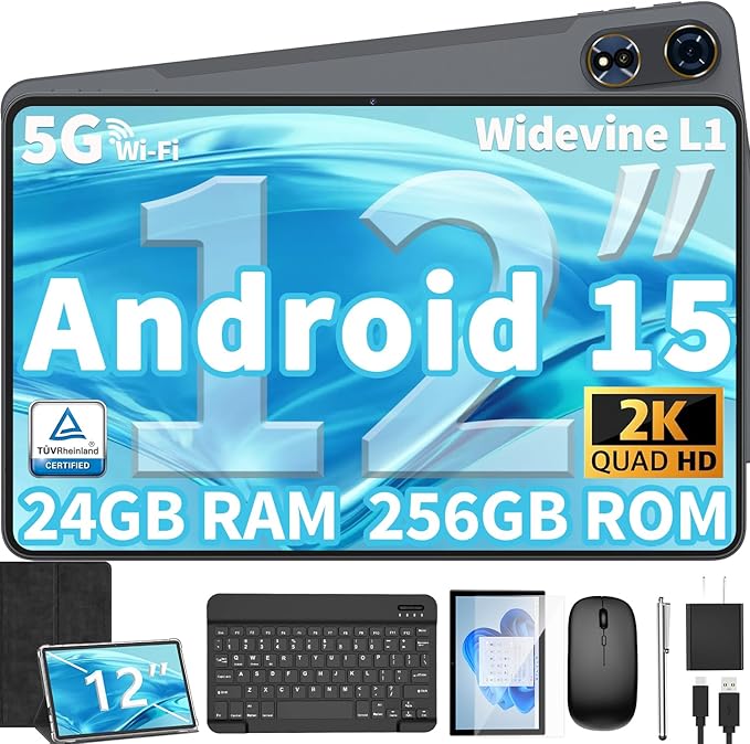 12 Inch Tablet Android 15 Tablets, 2025 Upgraded Android Tablet with Keyboard, 24GB RAM+256GB ROM(1TB Expand), Octa-Core, 2K 2000x1200 Display, 16MP Dual Camera, 8000mAh, 2.4G/5G WiFi, GPS (Black)