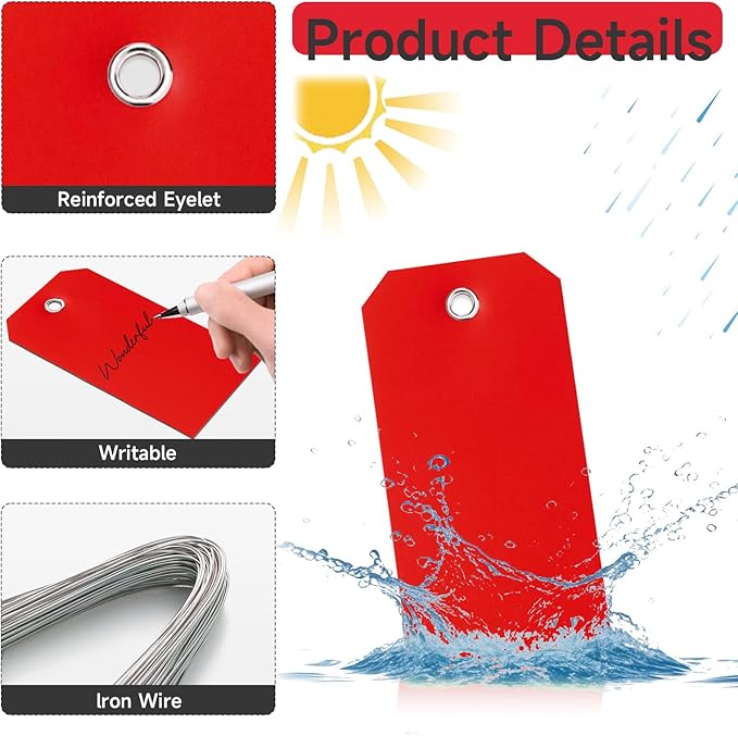 100 Pcs Red Tags with String Blank Shipping Tags with Metal Wire Writable Price Repair Plastic Service for Equipment Product Jewelry Clothing Inventory Car Parts (Red, 4 3/4" x 2 3/8")