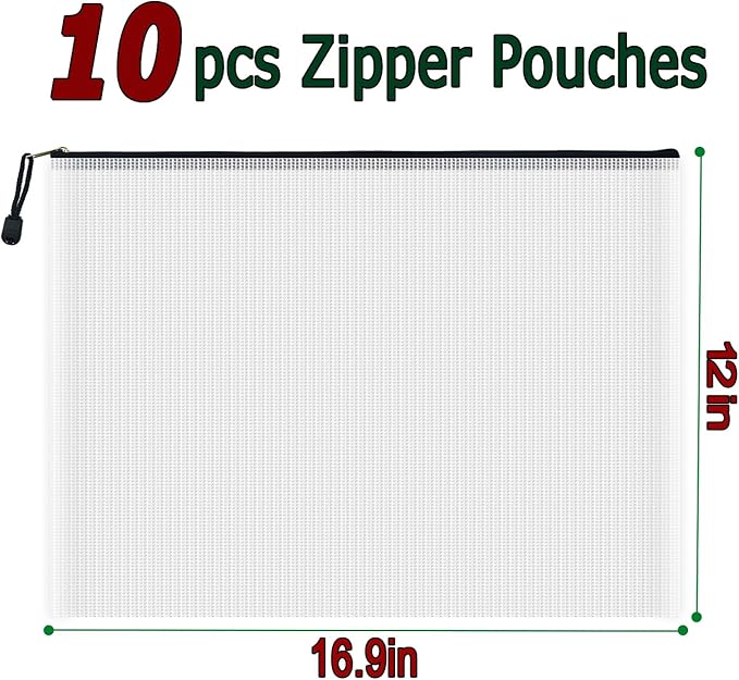 AUSTARK 10 Pcs Zipper File Bags, Waterproof Plastic Mesh Pouch for Office School, Board Game Storage Bags (A3 Size 16.9''x12'', White and Black)